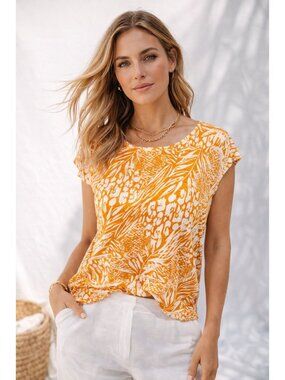 Christian Siriano 100% Linen Mustard Tropical Floral Sustainable Coastal Top M